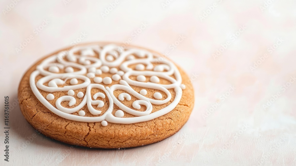 Poster minimal cookies idea. decorative cookie with intricate icing design on a soft pastel background.