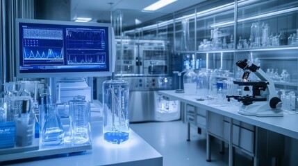 Cryonics laboratory empty interior with equipment and technics, cryo camera with low temperature regime, digital screen with graphs, desk with microscope and glass flasks, Cartoon vector illustration
