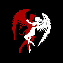 Silhouette of couple devil man and angel woman, concept of love of opposites. Love concept icons. Logo vector illustration