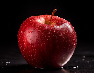 Close-up de una manzana roja jugosa y madura aislada sobre fondo negro