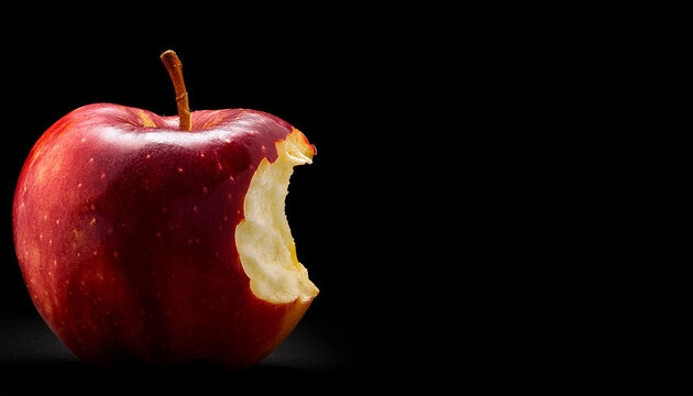 Una jugosa manzana roja mordida aislada en fondo negro