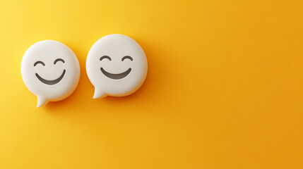 Two smiling chat bubbles on a bright yellow background expressing positivity and joy during a creative communication concept