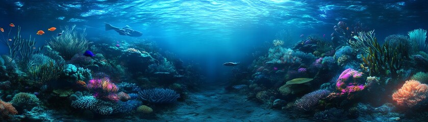Obraz premium Vibrant underwater scene with diverse coral reef and colorful fish. Ideal for marine life, ocean, and nature themes.