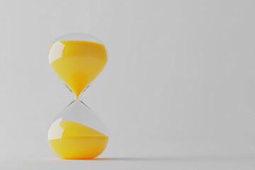 Colorful hourglass timer with bright yellow sand on minimalistic gray background