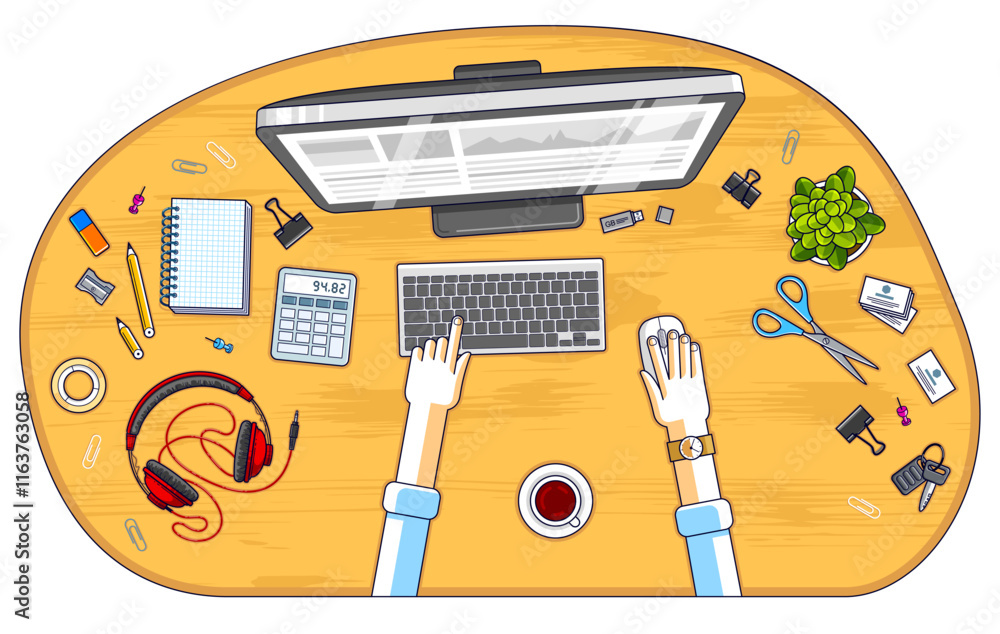 Poster office worker or entrepreneur working on a pc computer, top view of workspace desk with human hands 
