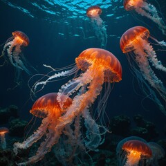 A jellyfish cub with fiery red and orange trails resembling flames gliding through an enchanted underwater world.