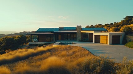 Obraz premium Modern Hillside Home with Solar Panels and Stunning Views