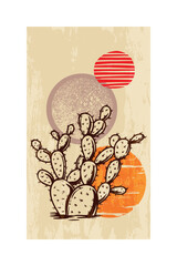 Stylized Cactus Illustration With Desert Sun in Artistic Colorful Background. Vivid artistic portrayal of a cactus in a desert landscape accented with sun illustrations and vibrant colors.