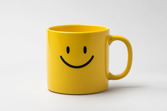 Bright yellow smiley mug sitting on a light background, perfect for enjoying your favorite beverage