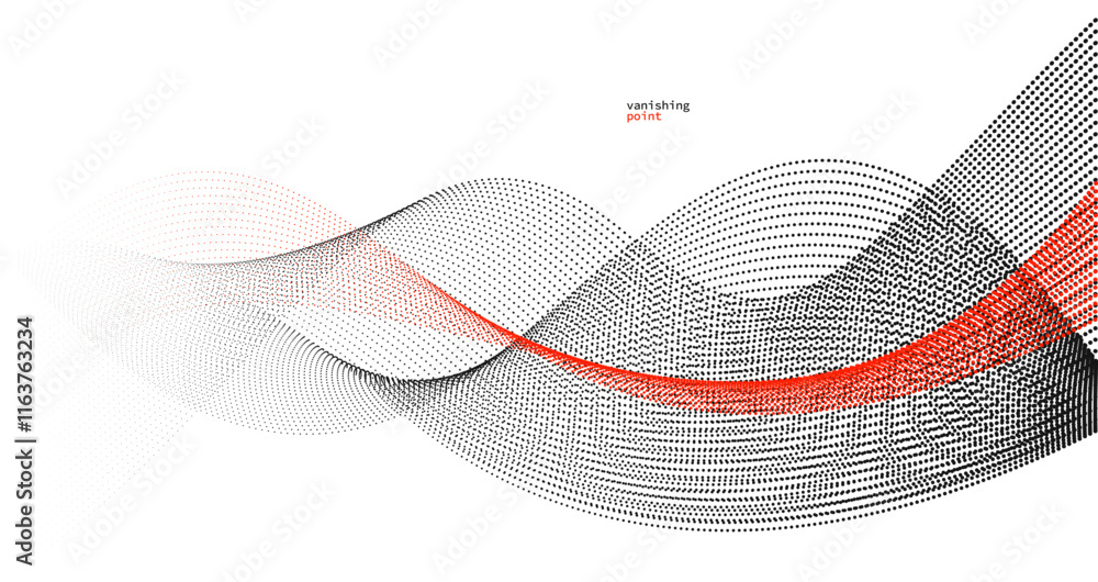 Poster abstract background vector illustration, red and black dots in motion by curve lines, particles flow