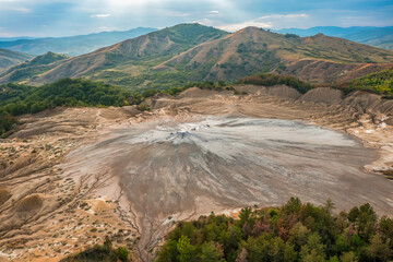 Aerial view and spectacular landscape with mud volcanoes area in Buzau County Romania 