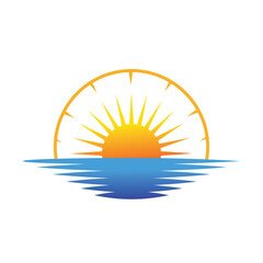 Obraz premium A sleek Rising Sun with Sea logo featuring a glowing sun over serene waves. Perfect for brands evoking freshness, energy, and tranquility. Modern, minimalist, and versatile design.