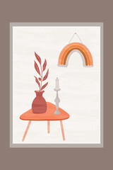 Stylish mid-century setup featuring a wooden table adorned with a plant vase, a lit candle, and hanging rainbow design in earthy tones, perfect for modern interior decor inspiration.