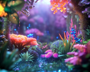 Obraz premium Surreal digital art depicting a vibrant, bioluminescent alien landscape. Intricate details and glowing flora create a mesmerizing scene.