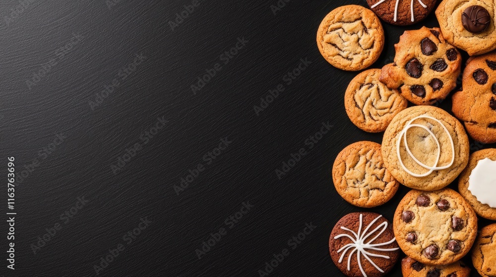 Poster minimal cookies idea. a selection of delicious cookies arranged on a dark background for a tempting 