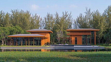 Serene Lakeside Modern Architecture: Two Luxurious Wooden Villas