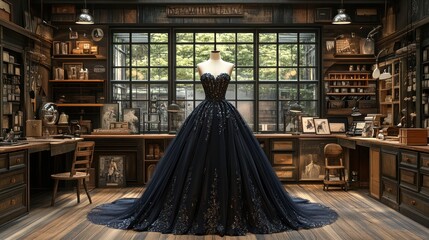 Dark blue ball gown on mannequin in antique workshop.