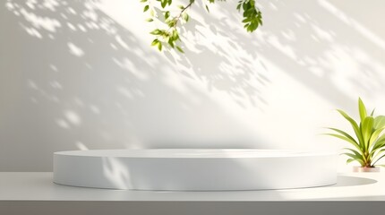 Serene White Platform: Minimalist Product Display with Sunlight and Greenery