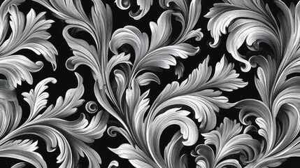 Seamless grayscale baroque pattern with ornate silver leaves on black background.