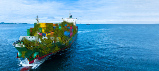 Container ship with green Leave. green transportation industry eco shipping for sustainable energy...