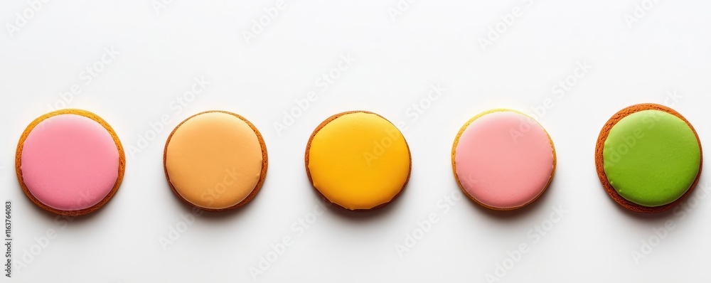Poster minimal cookies concept. colorful assorted cookies arranged neatly on a white background.