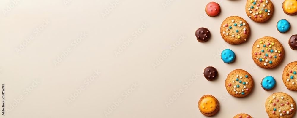 Poster minimal cookies concept. an array of colorful cookies arranged artistically on a light background.