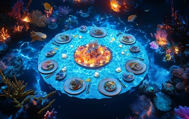 Magical underwater dinner party scene.  A circular table with plates, candles, and a fire in the center, surrounded by glowing coral and fish.