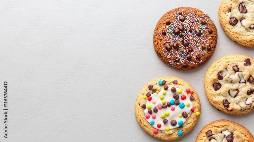 Poster minimal cookies concept. delicious assorted cookies with colorful toppings on a light background.