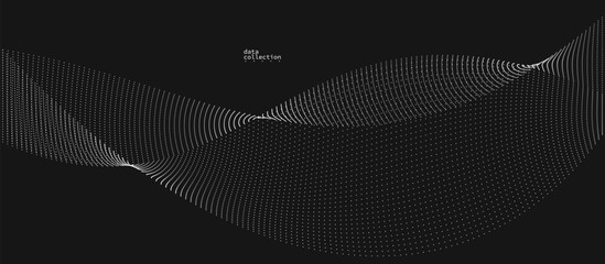 Grey abstract background, vector wave of flowing particles over black, curvy lines of dots in motion, technology and science theme, airy and ease futuristic illustration.