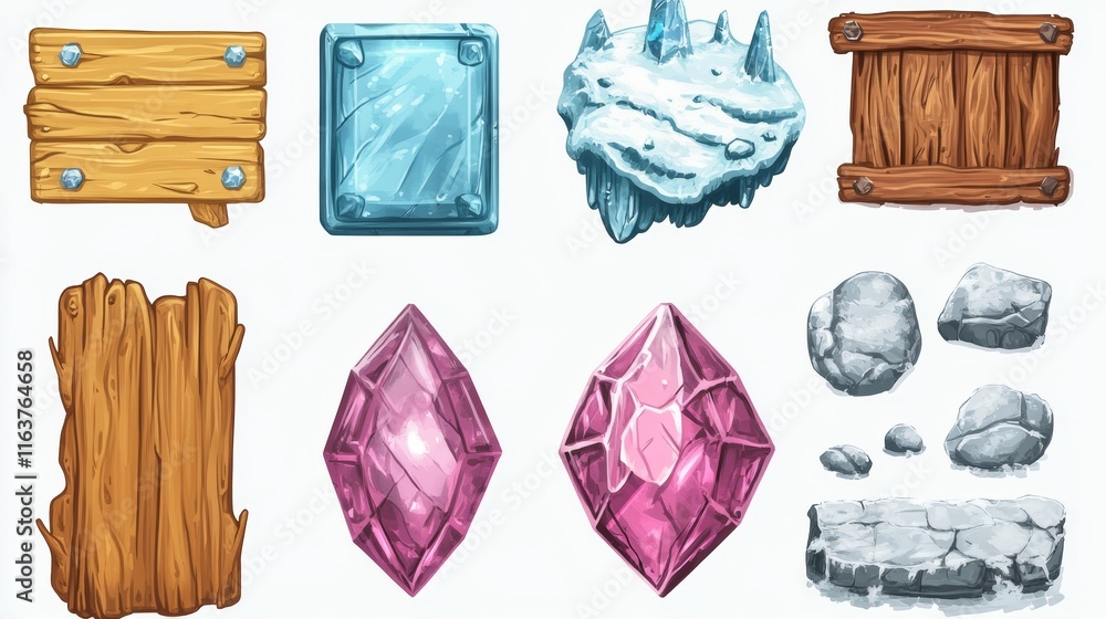 Poster game ui buttons for app interface, cartoon menu plaques or banners. textured gui graphic design elem