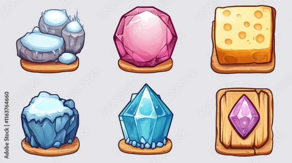 Aufkleber game ui buttons for app interface, cartoon menu plaques or banners. textured gui graphic design elem