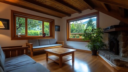 Cozy Wooden Cabin Living Room with Mountain View