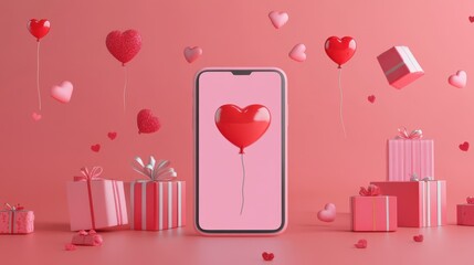 Abstract 3D model of a smartphone with exploding icons of shopping,discounts and digital payment solutions, pastel theme,valentine day,shopping online,aniversary couple,romantic heart love concept.