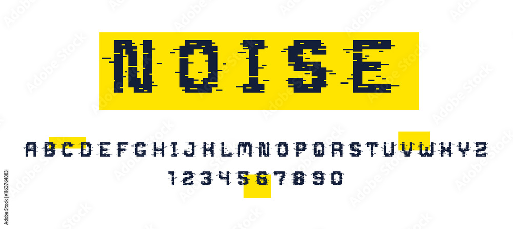 Poster glitch noisy geometric vector font in analog style, futuristic cyberpunk typeface with digital grung