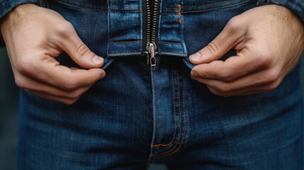 Man adjusting zipper of his denim jeans.