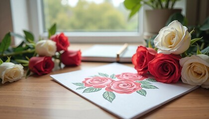Artistic rose drawing with real roses on a wooden table by window, perfect for romantic themes
