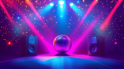 Disco party banner with light ball and speaker in night club. Vector landing page of music event, dance party with cartoon illustration of disco ball, purple invitation poster