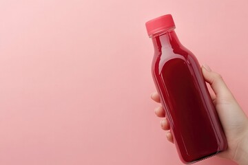 Hand holding vibrant red juice bottle against soft pink backgrou