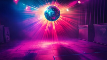 Disco party banner with light ball and speaker in night club. Vector landing page of music event, dance party with cartoon illustration of disco ball, purple invitation poster