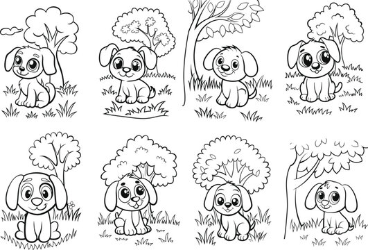 cute Dog, grass and a tree, coloring book