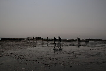 A coastal tidal flat with silhouettes of people walking and exploring the shallow water under a dim, overcast sky, evoking a sense of quiet reflection and connection with nature