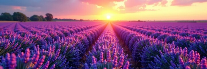 Obraz premium Rows of lavender under a clear summer sky at dawn , flowers, dawn