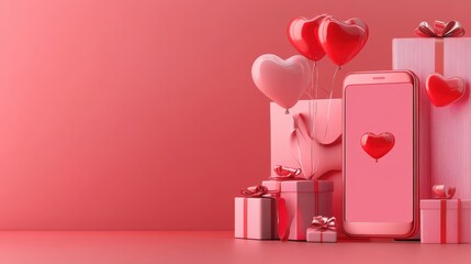 Abstract 3D model of a smartphone with exploding icons of shopping,discounts and digital payment solutions, pastel theme,valentine day,shopping online,aniversary couple,romantic heart love concept.