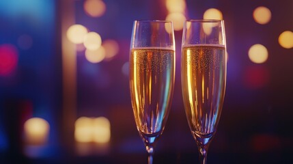 Festive Celebration: Two Champagne Flutes Sparkling Underneath Romantic Lights