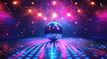 Disco party banner with light ball and speaker in night club. Vector landing page of music event, dance party with cartoon illustration of disco ball, purple invitation poster