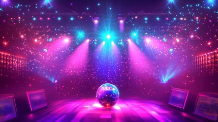 Disco party banner with light ball and speaker in night club. Vector landing page of music event, dance party with cartoon illustration of disco ball, purple invitation poster