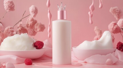 Milk cosmetics realistic vector blurred background. Skin care cosmetic product, body lotion in white bottle with silver dispenser in milk splash, crown with flying butterflies Mock-up promo poster