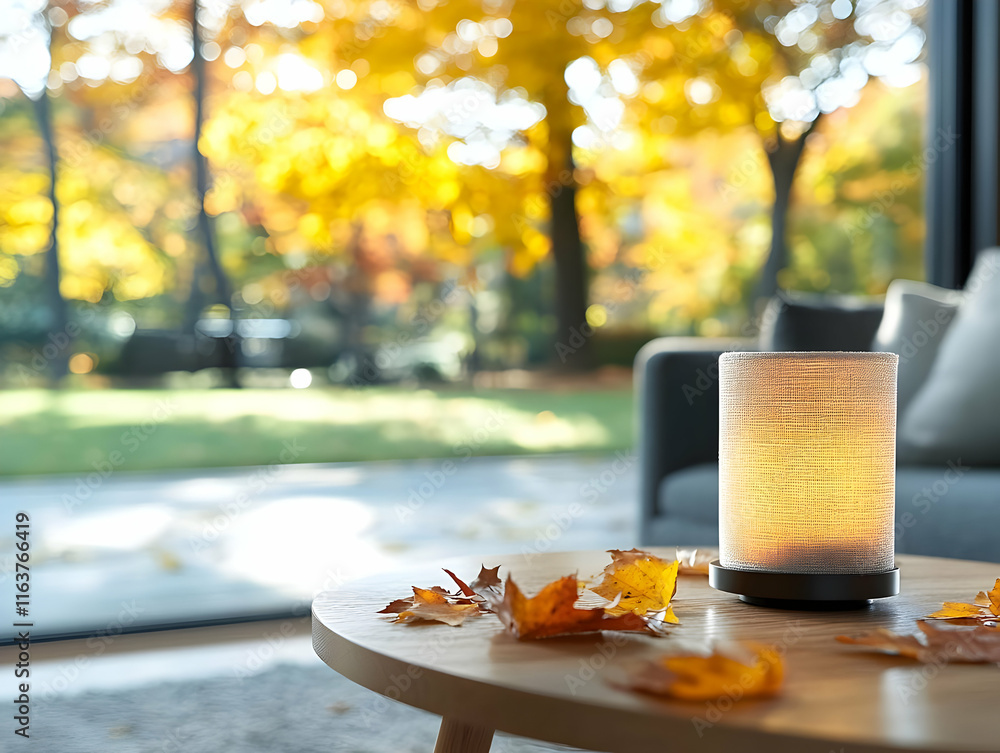 Poster lit candle and autumn leaves on table by window with fall foliage view.