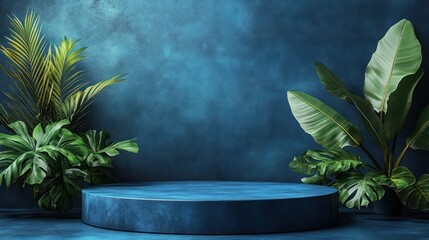 Blue podium with tropical plants against a textured blue wall.