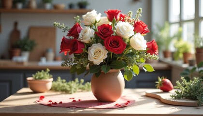 Fresh rose bouquet in rustic vase on sunny kitchen table, perfect for romantic decor